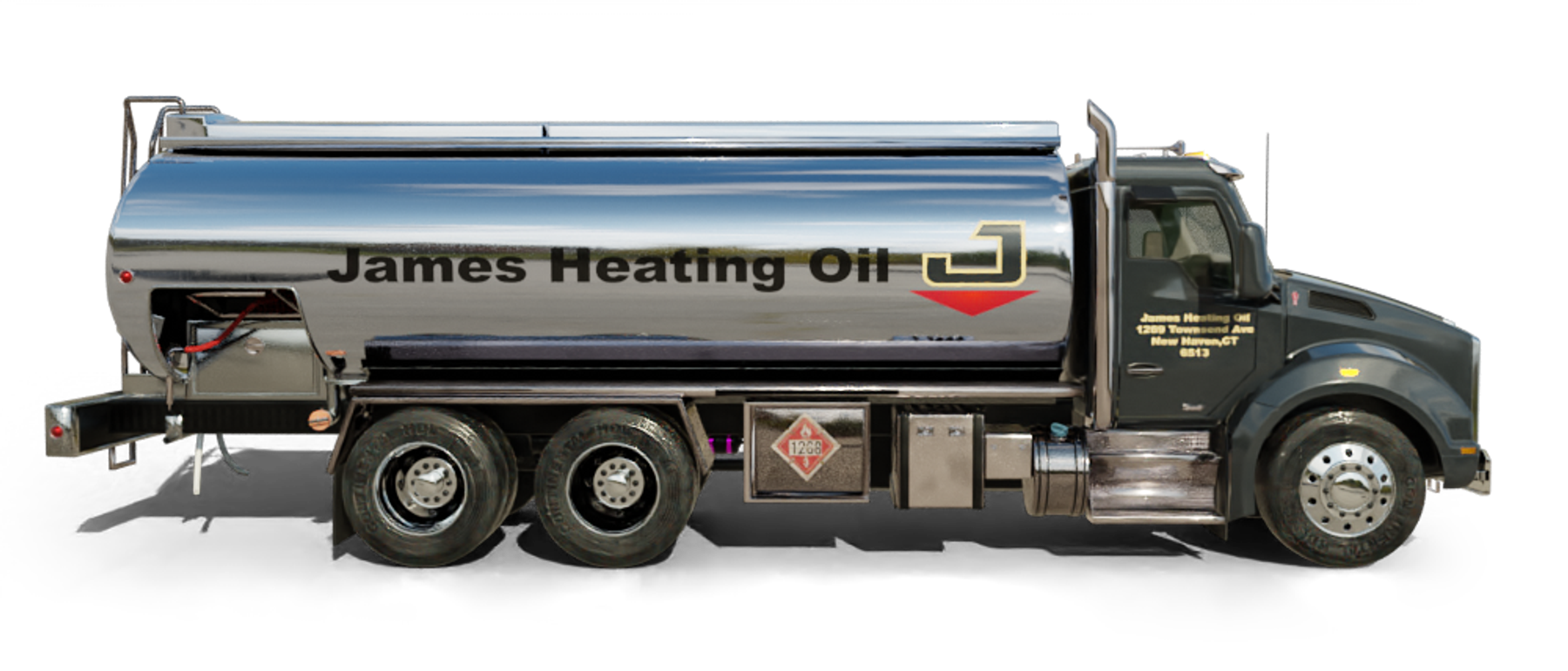 Family Heating Service Heating Oil Truck Family Heating Service residential home heating oil truck in front of the railroad overpass in Rockville Centre, Long Island, New York delivering fuel oil.