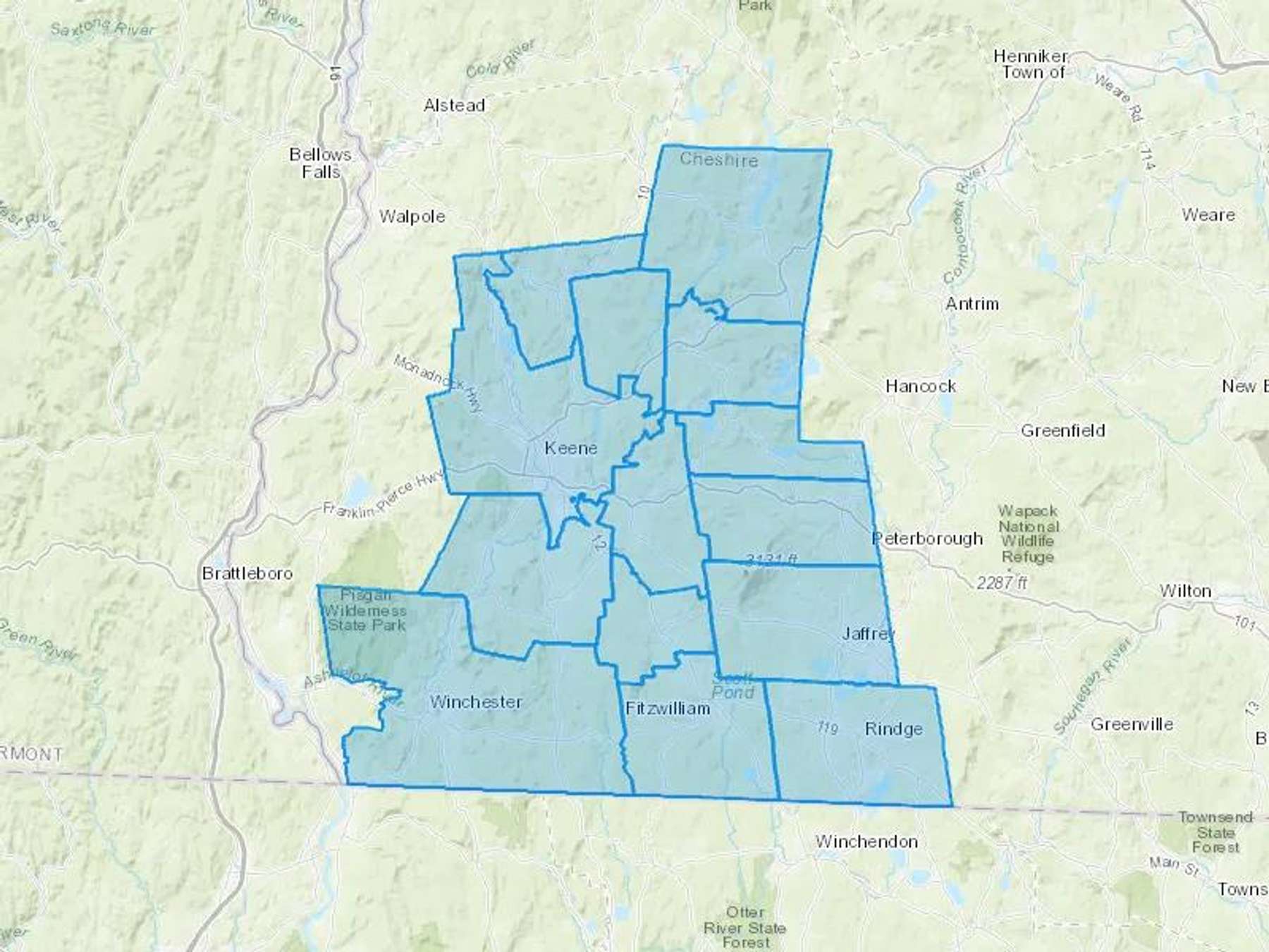 Reds of Jaffrey Cash Heating Oil Delivery Map Map With The Reds of Jaffrey Heating Oil Delivery Area Shaded In Blue