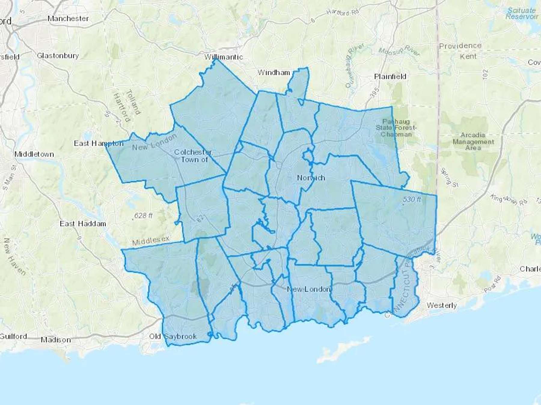 General Oil Of Quaker Hill Inc Cash Heating Oil Delivery Map Map With The General Oil Of Quaker Hill Inc Heating Oil Delivery Area Shaded In Blue