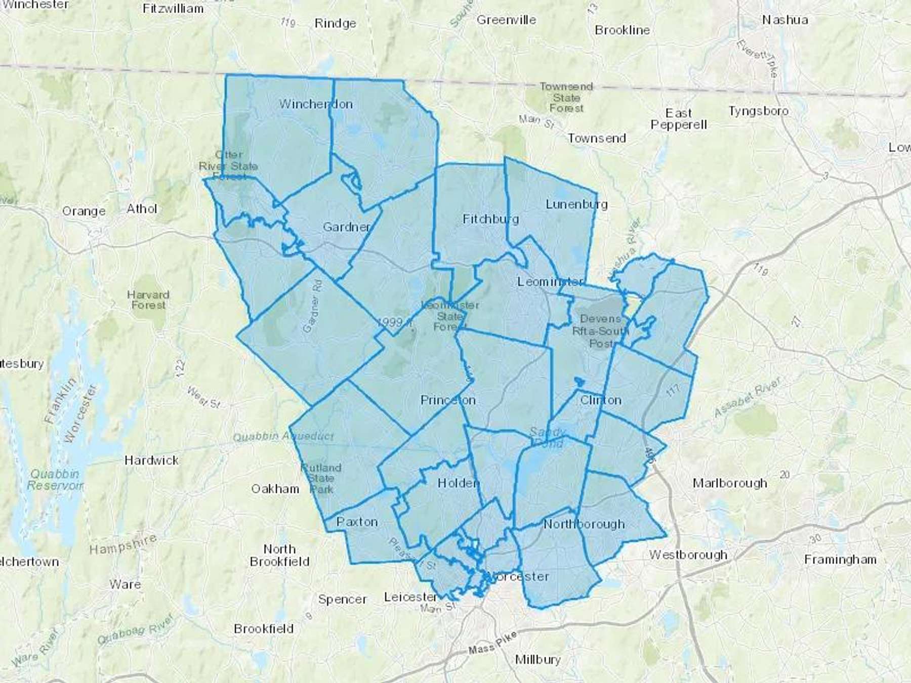 Leominster Ice & Oil Company Inc Cash Heating Oil Delivery Map Map With The Leominster Ice & Oil Company Inc Heating Oil Delivery Area Shaded In Blue