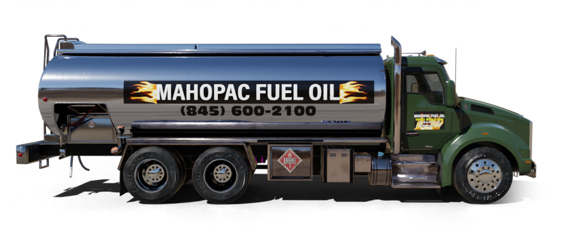 Midnight Heating Heating Oil Truck  Midnight Heating residential home heating oil truck in front of a gray clapboard house and green shingle house in Baldwin, Long Island, New York delivering fuel oil.