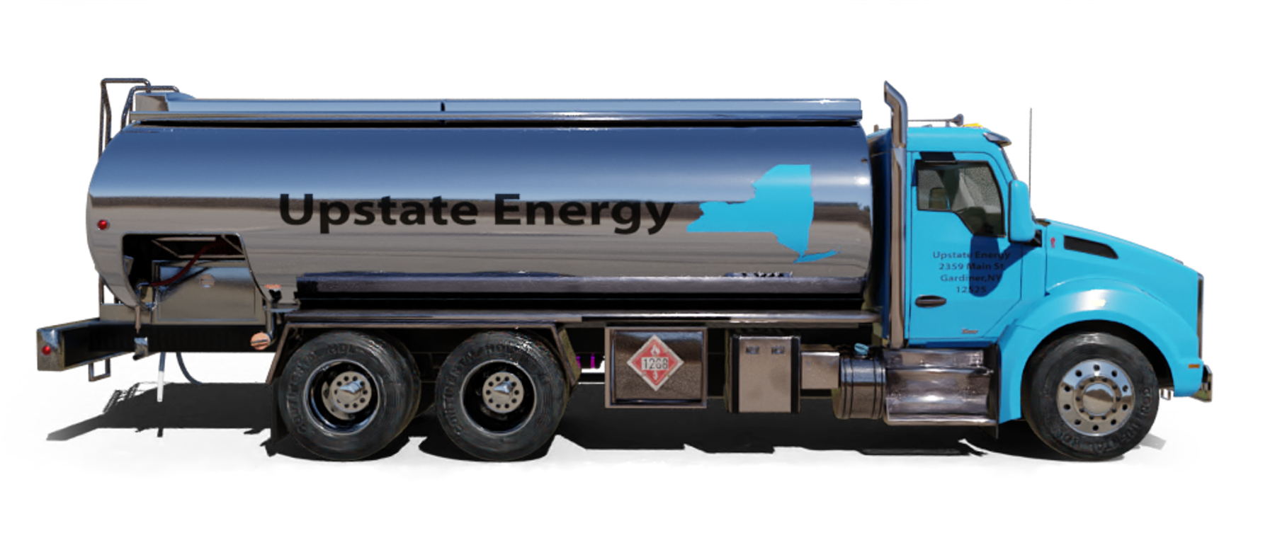 Unique Fuel Oil Heating Oil Truck  Unique Fuel Oil residential home heating oil truck at the entrance portico in Brentwood, Long Island, New York delivering fuel oil.