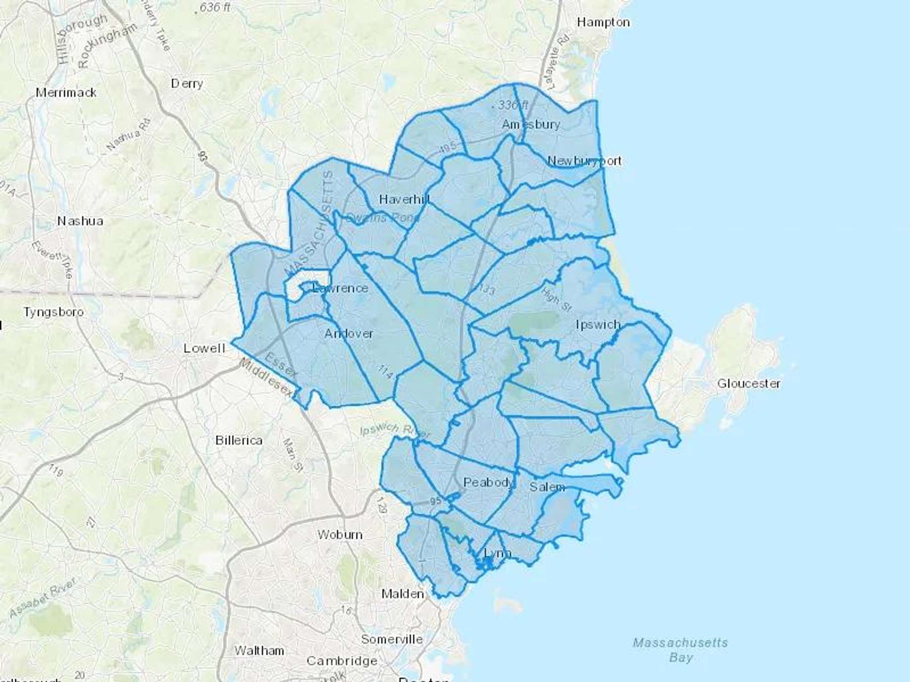 Merrimack Valley Oil Co Cash Heating Oil Delivery Map Map With The Merrimack Valley Oil Co Heating Oil Delivery Area Shaded In Blue