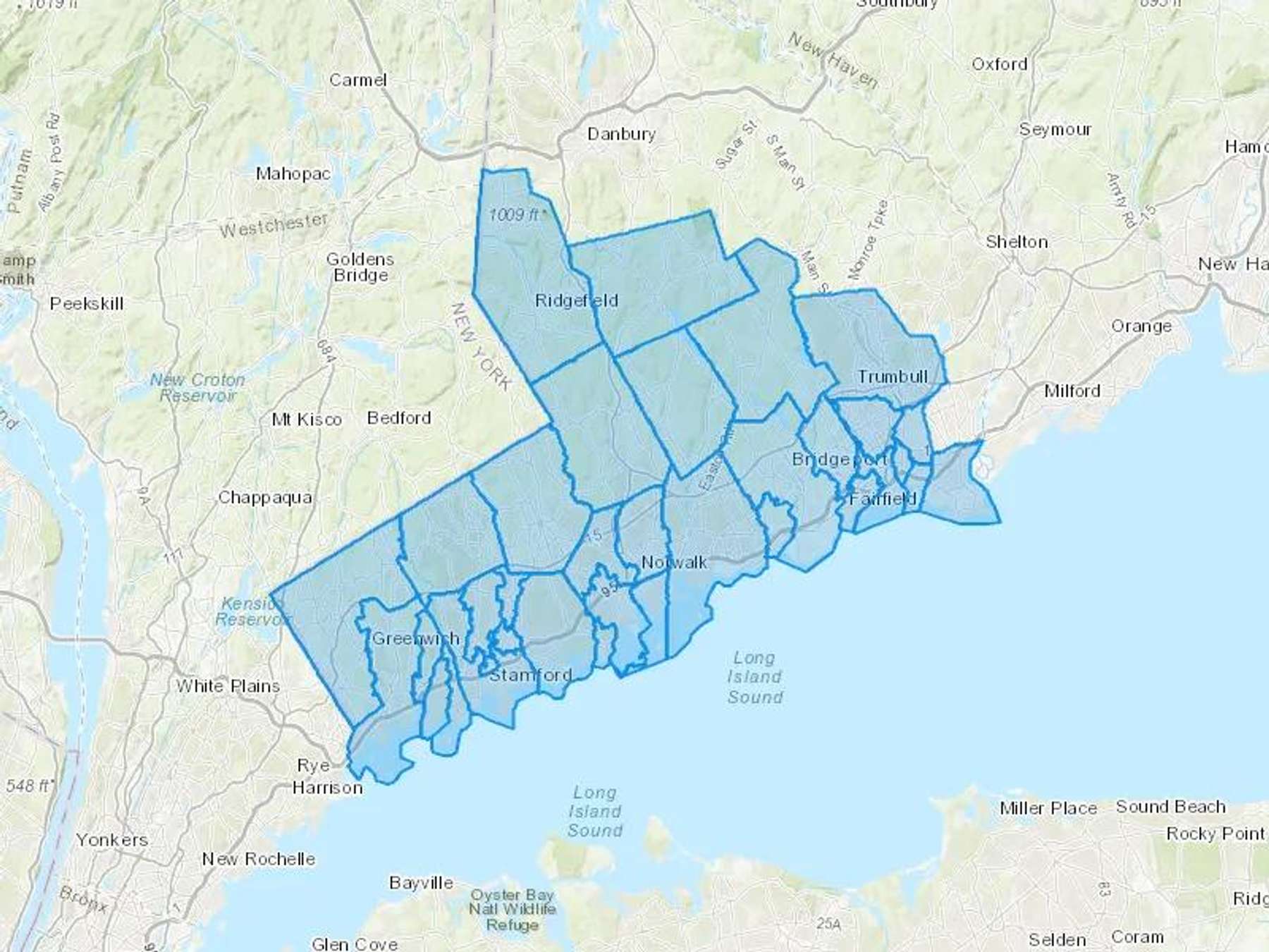 Rowayton Fuel & Oil Co Inc Cash Heating Oil Delivery Map Map With The Rowayton Fuel & Oil Co Inc Heating Oil Delivery Area Shaded In Blue