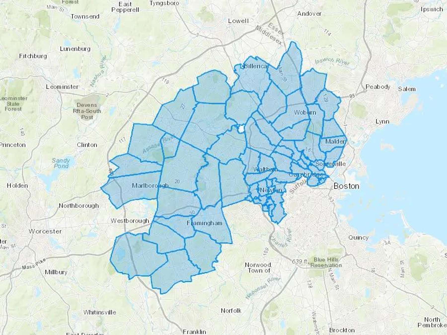 Bigelow Oil Company Inc Cash Heating Oil Delivery Map Map With The Bigelow Oil Company Inc Heating Oil Delivery Area Shaded In Blue