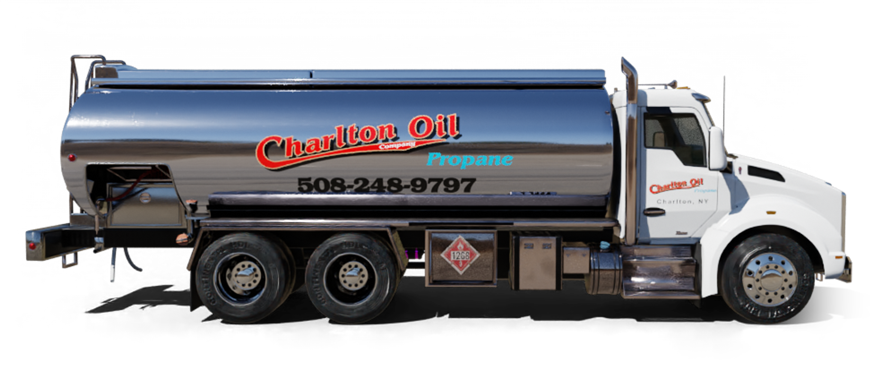 C. J. Fuel Oil Heating Oil Truck C. J. Fuel Oil residential home heating oil truck parked next to the Corona Extra fuel storage tank in Wyandanch, Long Island, New York delivering fuel oil.