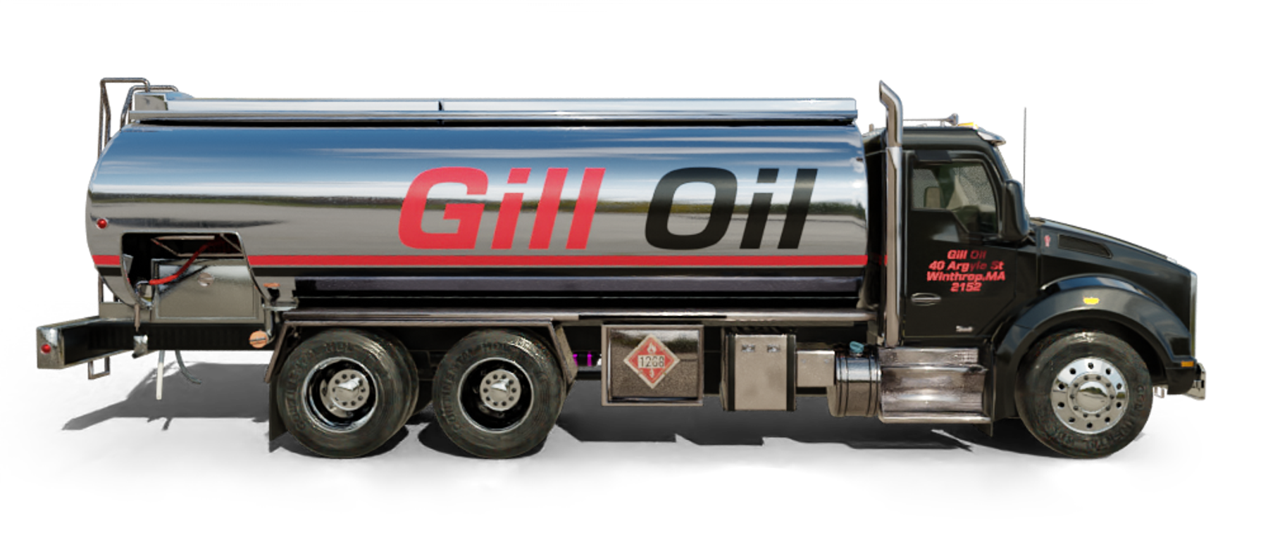 John's Fuel Heating Oil Truck  John's Fuel residential home heating oil truck on a road adjacent to a brick building in Holtsville, Long Island, New York delivering fuel oil.