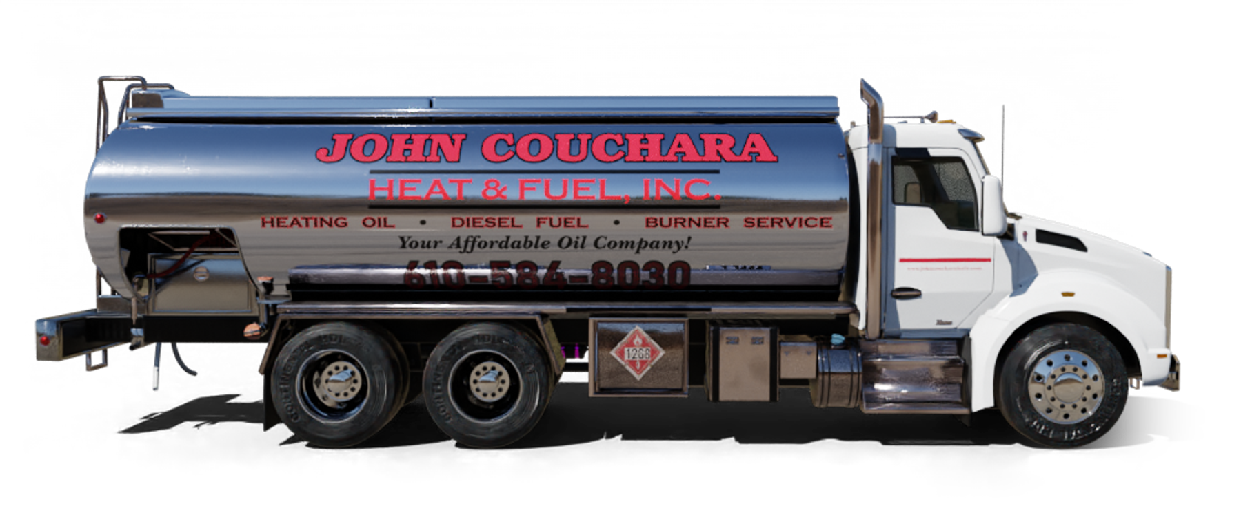 Suffolkoil Heating Oil Truck  Suffolkoil residential home heating oil truck in front of a brick and stucco building in Medford, Long Island, New York delivering fuel oil.