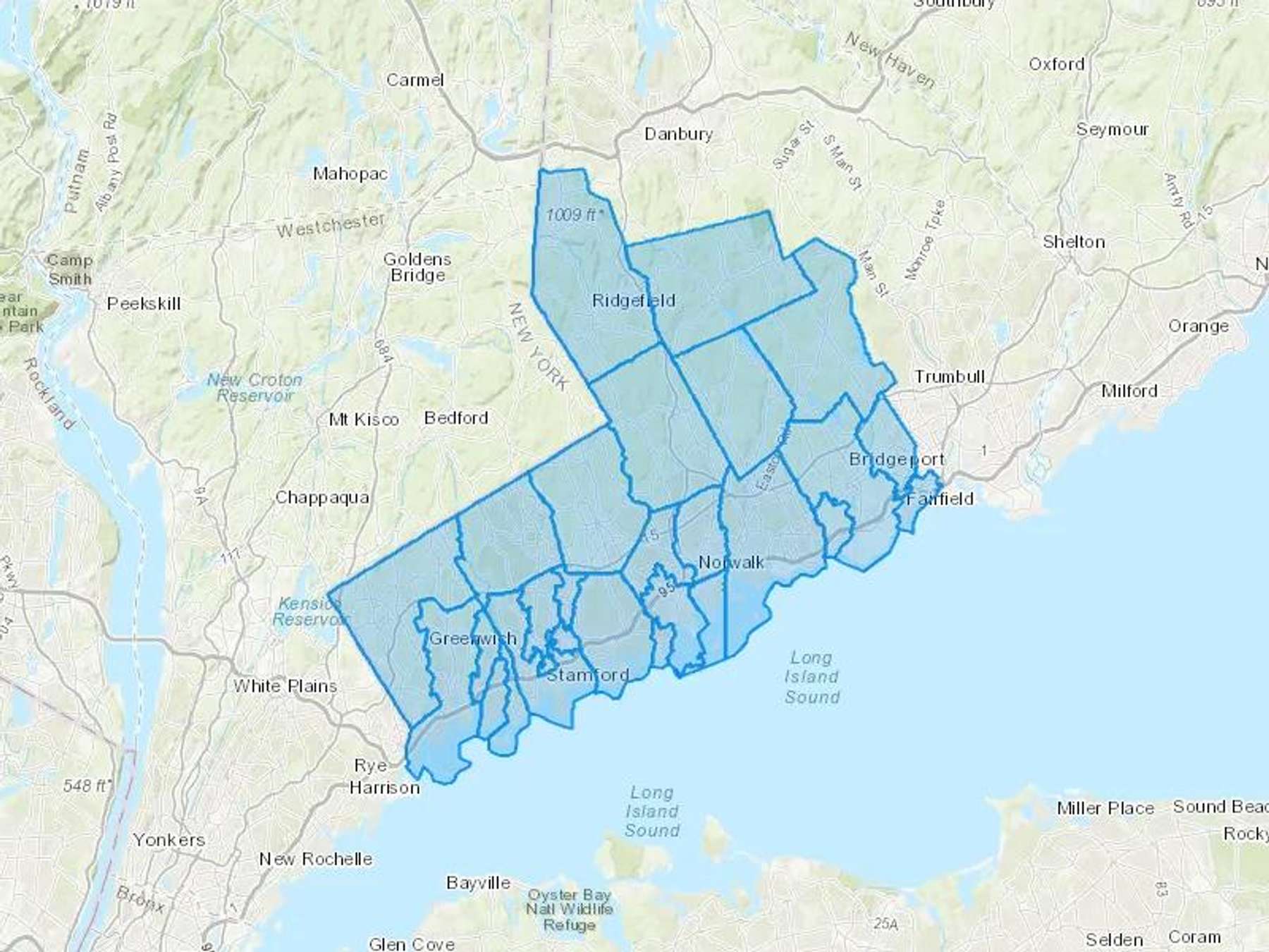Darien Fuel Cash Heating Oil Delivery Map Map With The Darien Fuel Heating Oil Delivery Area Shaded In Blue