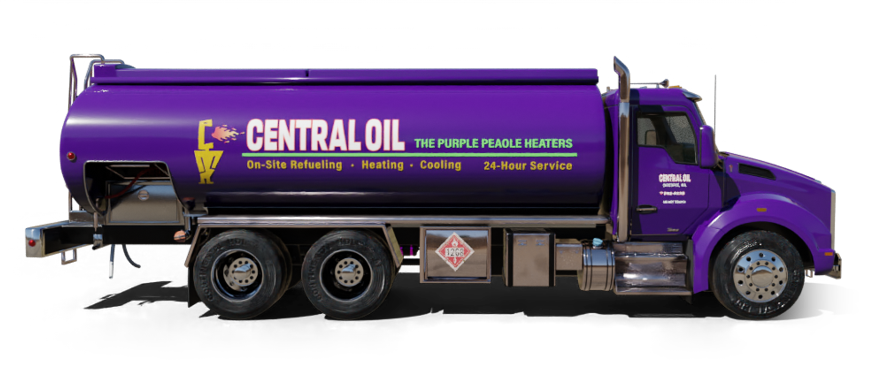 Diamond Fuel & Burner Heating Oil Truck Diamond Fuel & Burner residential home heating oil truck in front of a beachfront home with a mini cooper and a classic pickup truck parked in the driveway in Patchogue, Long Island, New York delivering fuel oil.