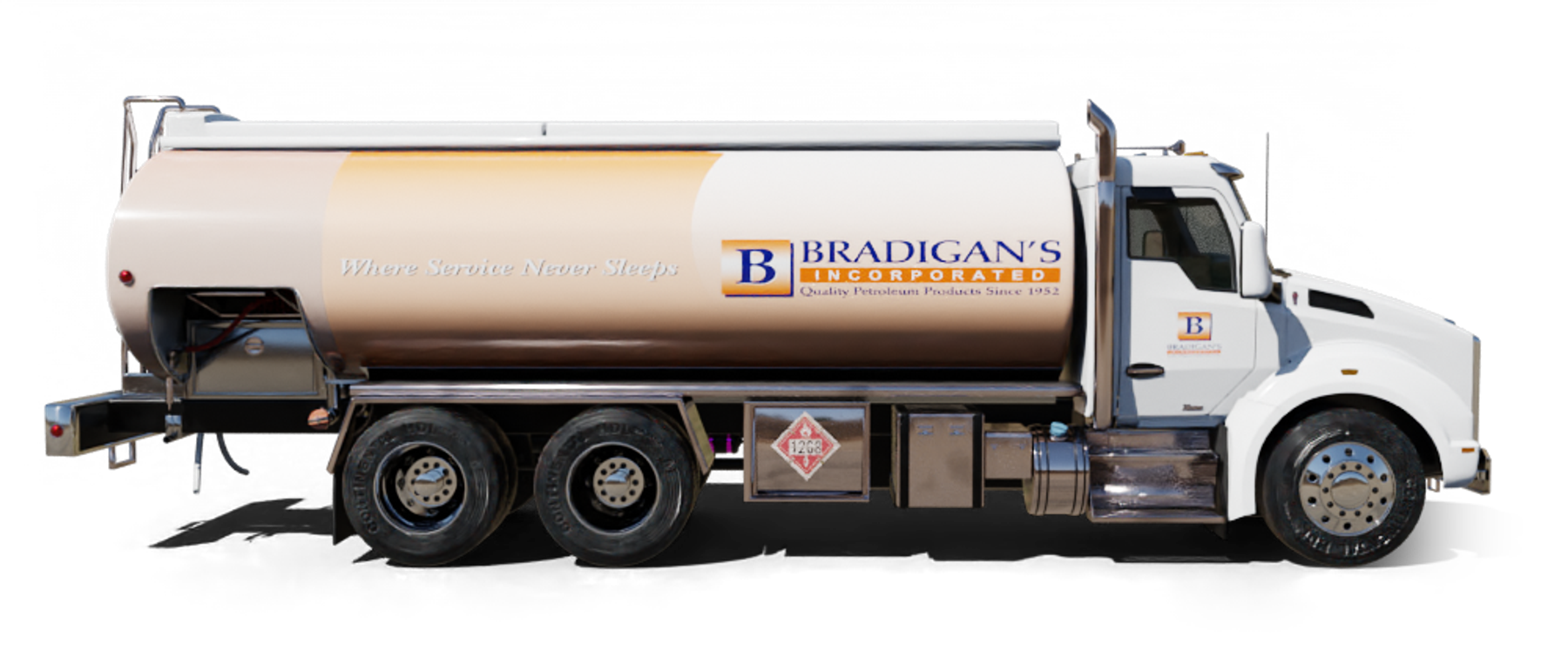 Bell Oil Heating Oil Truck  Bell Oil residential home heating oil truck on a street adjacent to the town station with a man walking carrying a brief case in Ronkonkoma, Long Island, New York delivering fuel oil.