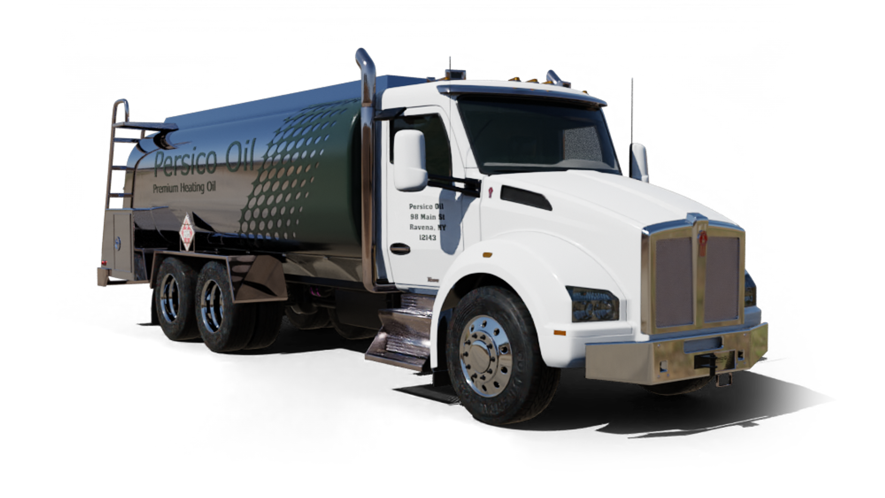 Jarzombek Energy Heating Oil Truck  Jarzombek Energy residential home heating oil truck in front of a large 5 bedroom stucco home in Calverton, Long Island, New York delivering fuel oil.