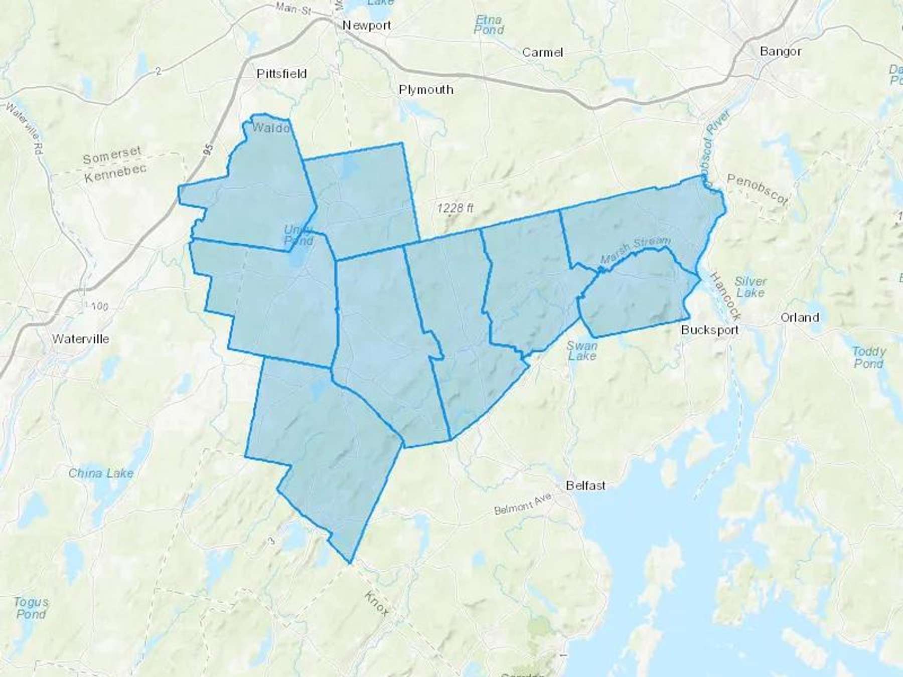 Waldo Country Oil & Propane Cash Heating Oil Delivery Map Map With The Waldo Country Oil & Propane Heating Oil Delivery Area Shaded In Blue