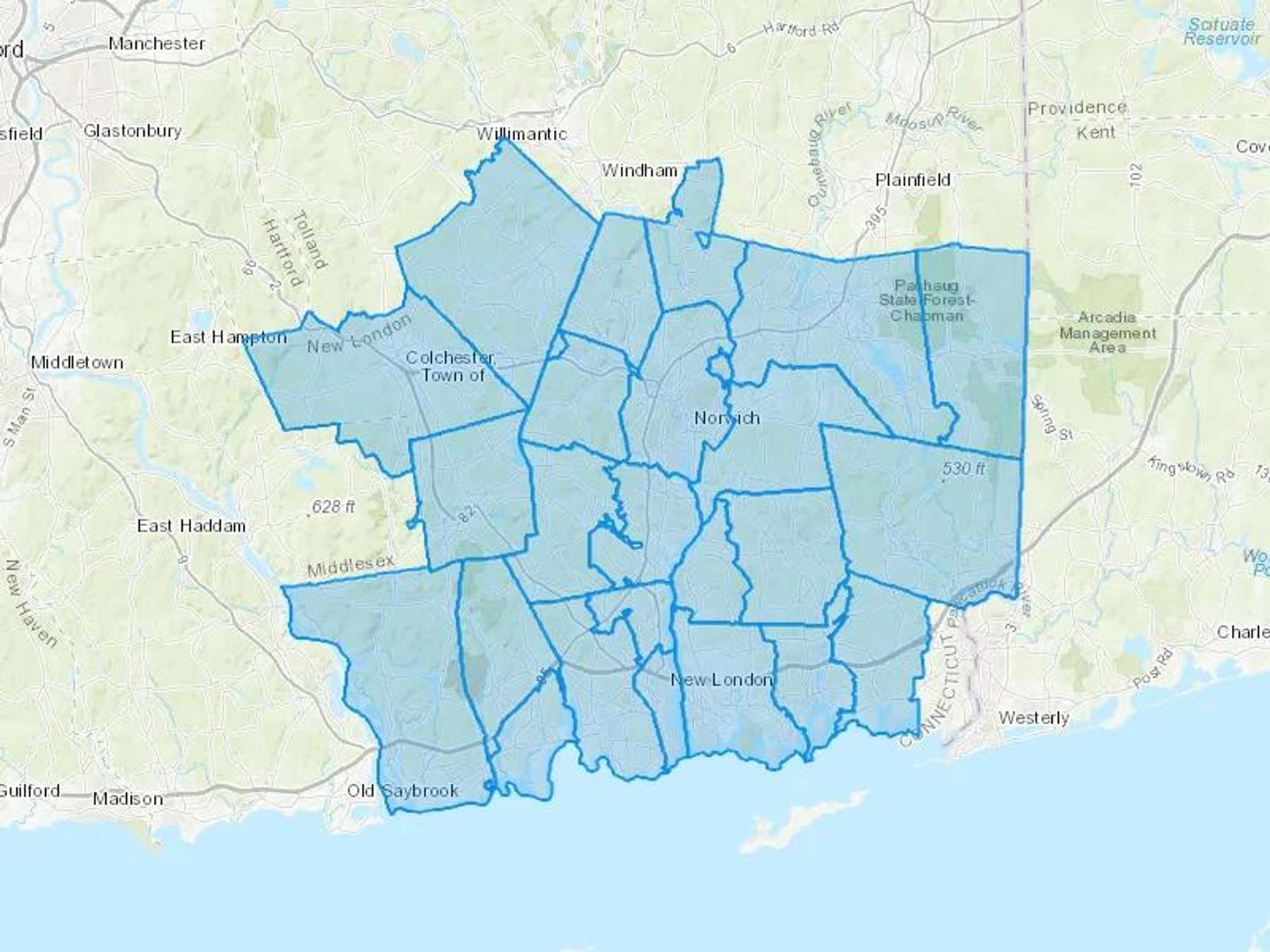 Bc Heating & Cooling LLC Cash Heating Oil Delivery Map Map With The Bc Heating & Cooling LLC Heating Oil Delivery Area Shaded In Blue