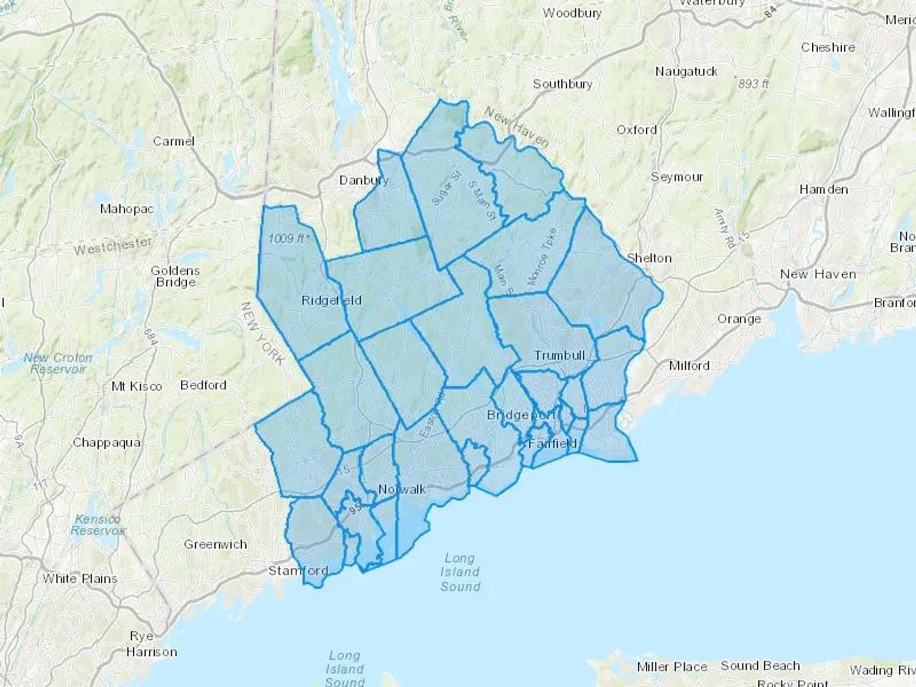 Southern Connecticut Ice And Oil LLC Cash Heating Oil Delivery Map Map With The Southern Connecticut Ice And Oil LLC Heating Oil Delivery Area Shaded In Blue
