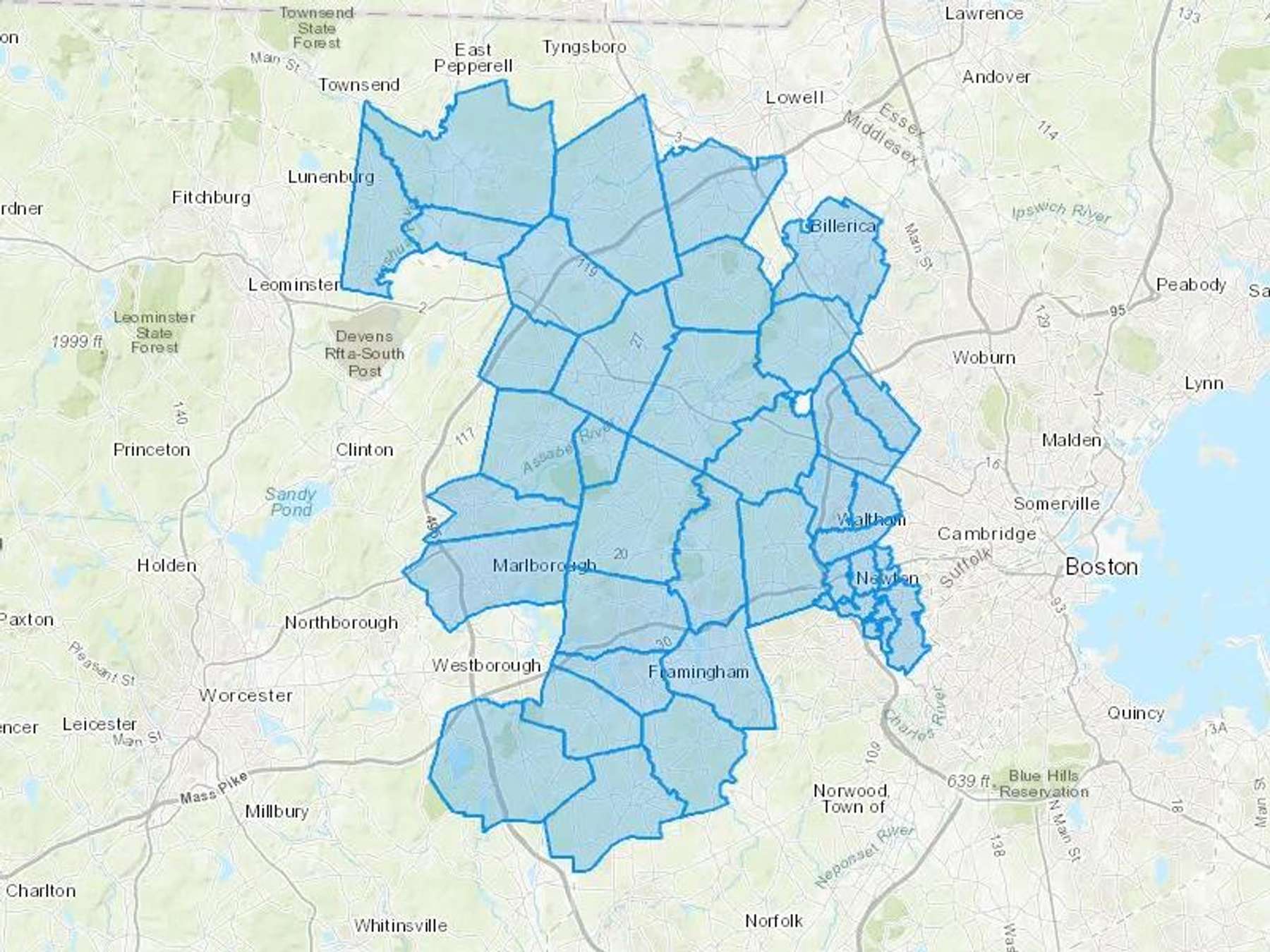 Holliston Oil Service Inc Cash Heating Oil Delivery Map Map With The Holliston Oil Service Inc Heating Oil Delivery Area Shaded In Blue