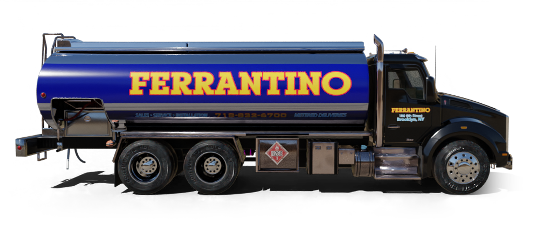 East End Container Service Heating Oil Truck East End Container Service residential home heating oil truck parked on a cul de sac along a river with an American Flag in East Islip, Long Island, New York delivering fuel oil.