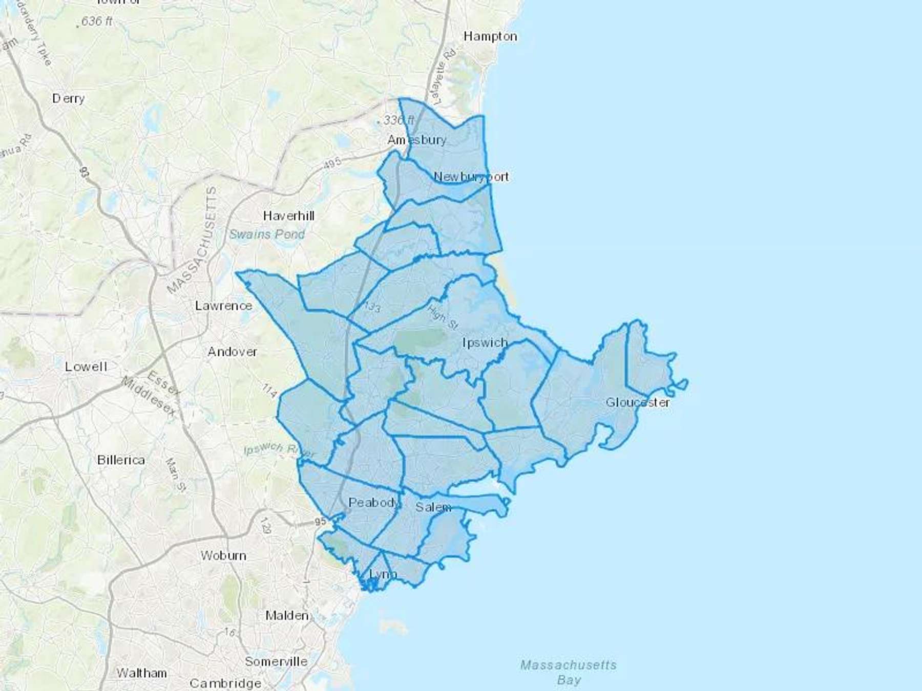 Cape Ann Oil Inc Cash Heating Oil Delivery Map Map With The Cape Ann Oil Inc Heating Oil Delivery Area Shaded In Blue