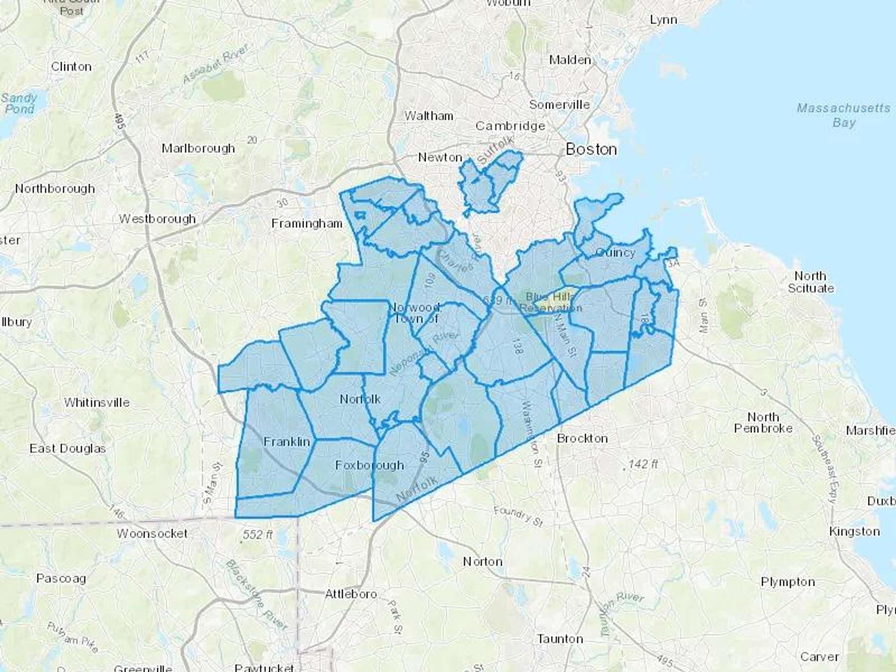 Needham Oil & Air Cash Heating Oil Delivery Map Map With The Needham Oil & Air Heating Oil Delivery Area Shaded In Blue