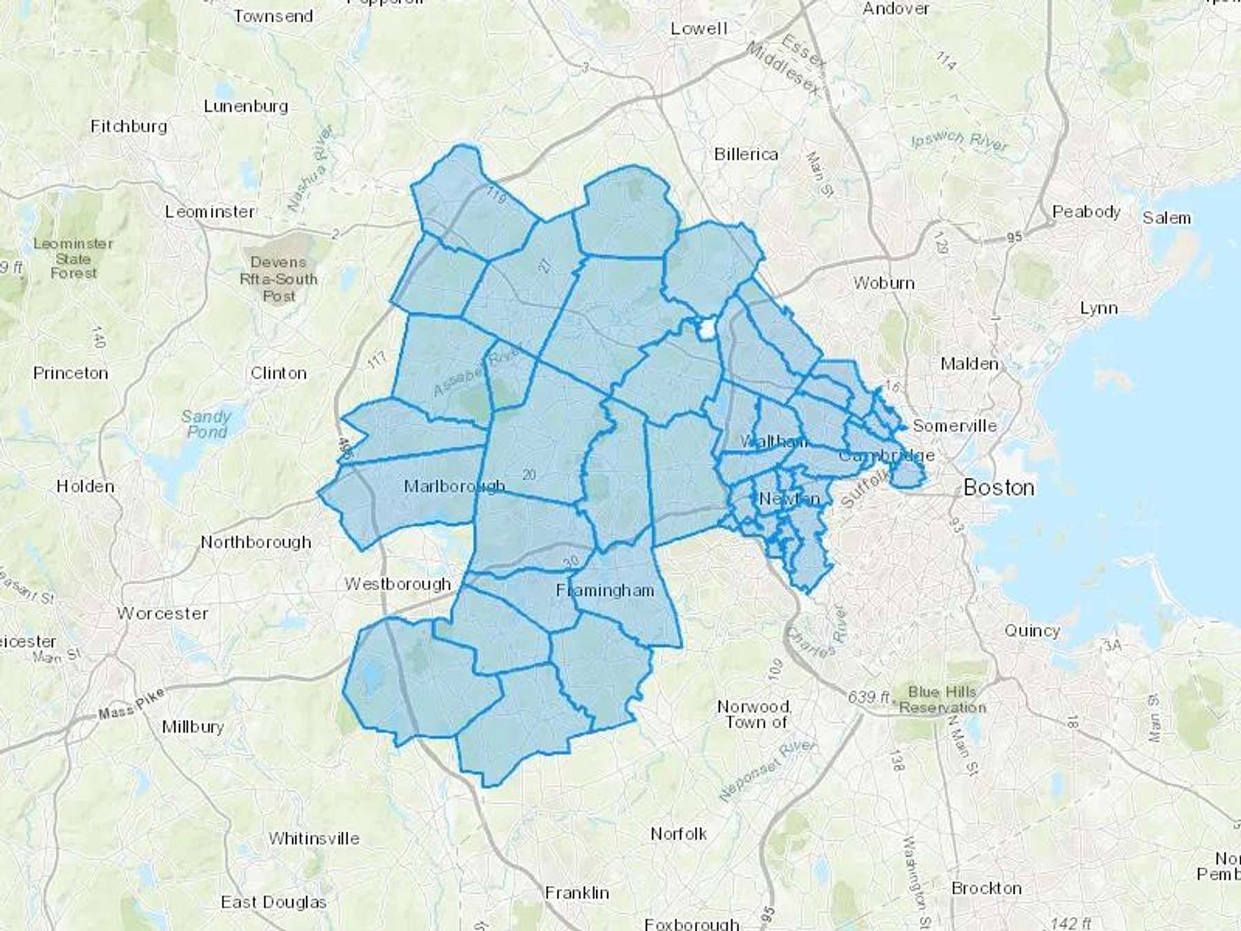 Metrowest Oil Services Cash Heating Oil Delivery Map Map With The Metrowest Oil Services Heating Oil Delivery Area Shaded In Blue