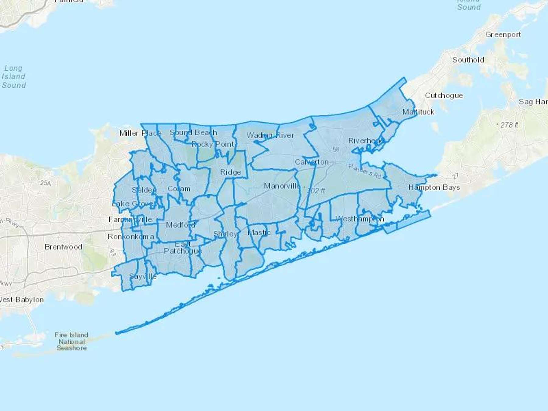 East Moriches Fuel Inc Cash Heating Oil Delivery Map Map With The East Moriches Fuel Inc Heating Oil Delivery Area Shaded In Blue