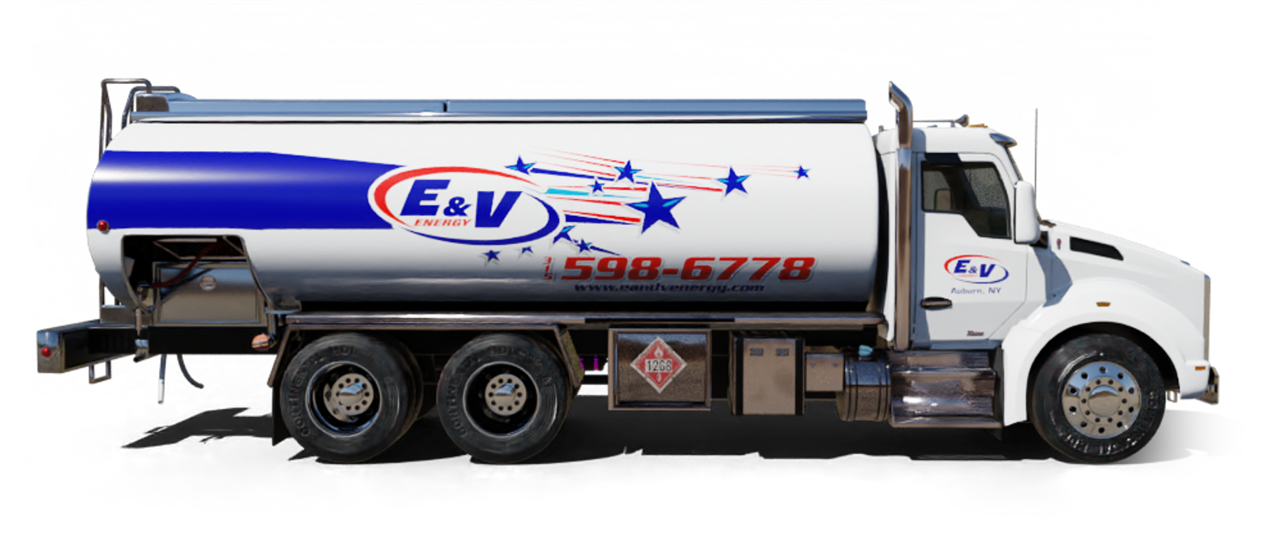 Suffolkoil Heating Oil Truck Suffolkoil residential home heating oil truck in front of a brick and stucco building in Medford, Long Island, New York delivering fuel oil.