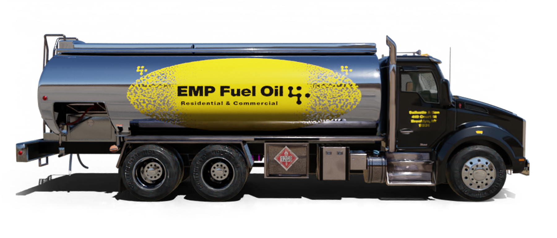 East End Container Service Heating Oil Truck East End Container Service residential home heating oil truck parked on a cul de sac along a river with an American Flag in East Islip, Long Island, New York delivering fuel oil.