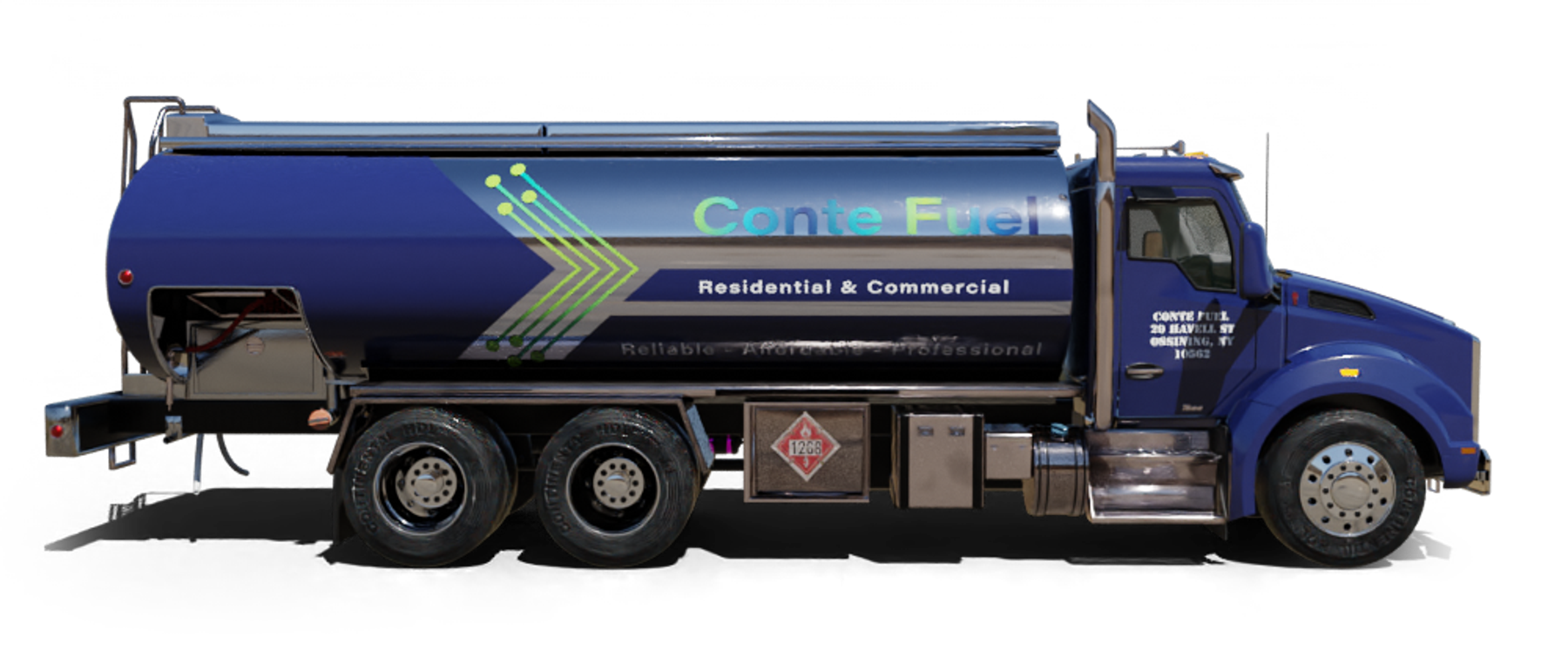 C. J. Fuel Oil Heating Oil Truck C. J. Fuel Oil residential home heating oil truck parked next to the Corona Extra fuel storage tank in Wyandanch, Long Island, New York delivering fuel oil.