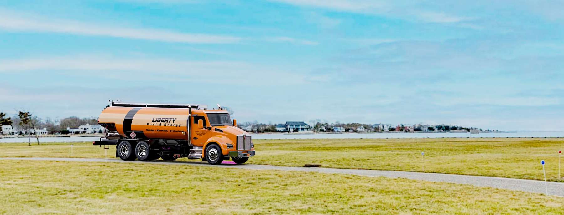 Liberty Fuel & Energy Heating Oil Truck Liberty Fuel & Energy residential home heating oil truck parked in a driveway at sunset in Bay Shore, Long Island, New York delivering fuel oil.
