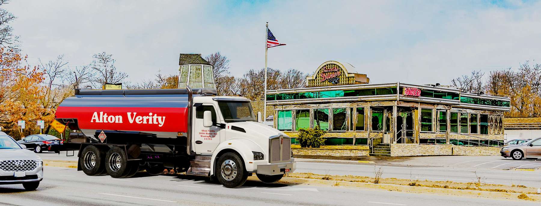 Alton Verity Heating Oil Truck Alton Verity residential home heating oil truck in front of a historic diner in Wantagh, Long Island, New York delivering fuel oil.