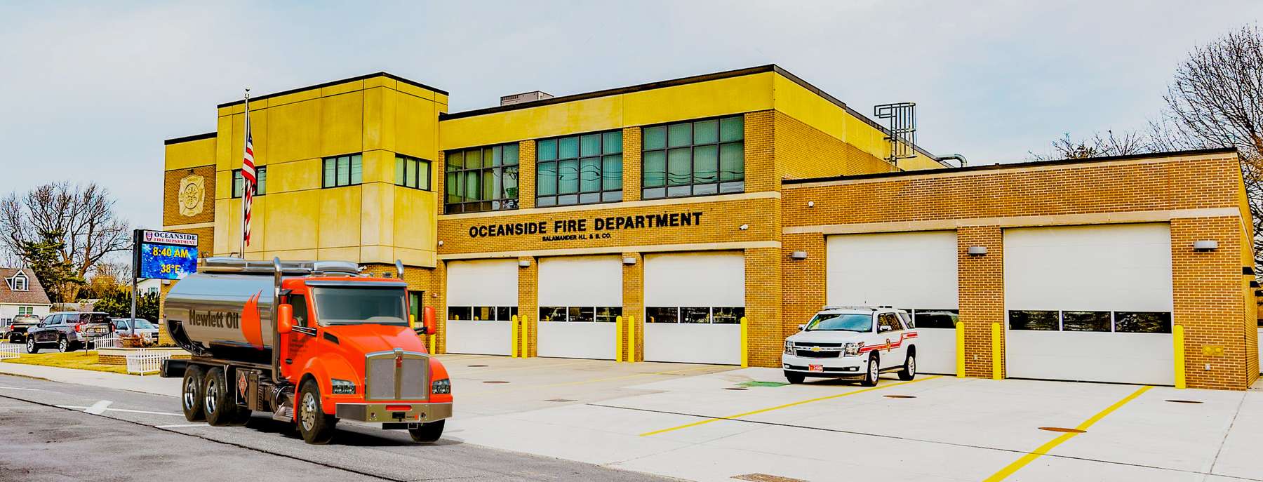Hometown Express Fuel Heating Oil Truck Hometown Express Fuel residential home heating oil truck in the downtown shopping district in Holtsville, Long Island, New York delivering fuel oil.