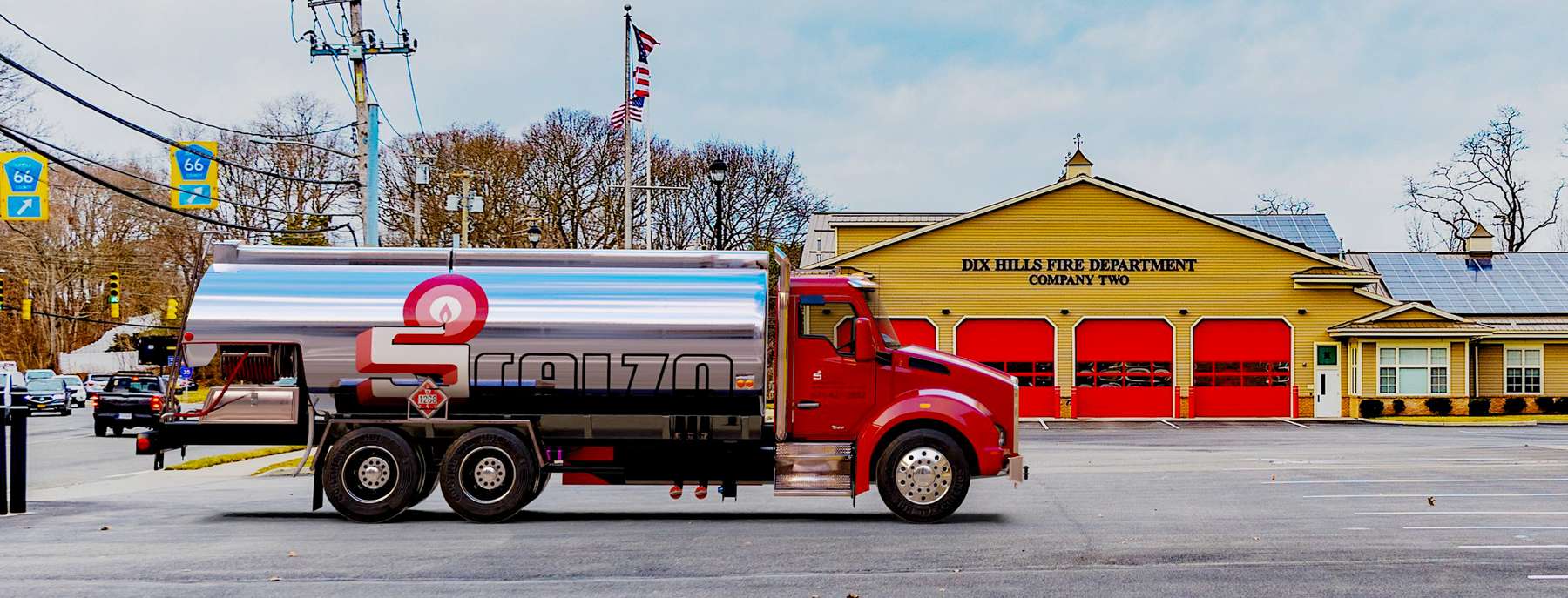 Scalzo Utilities Heating Oil Truck Scalzo Utilities residential home heating oil truck parked in front of Dix Hills Company Two on Suffolk County Route 66 in Huntington Station, Long Island, New York delivering fuel oil.