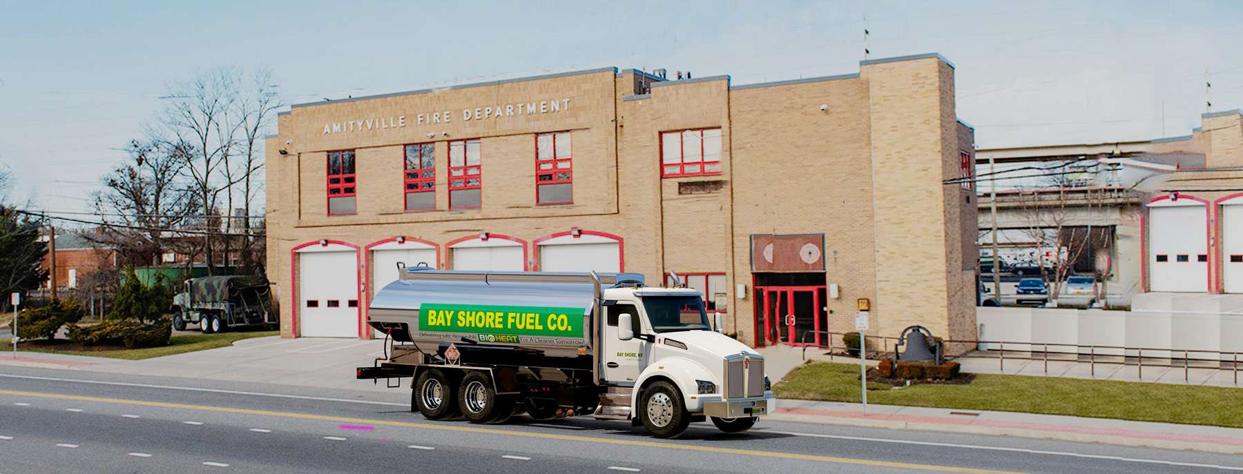 Bay Shore Fuel Heating Oil Truck Bay Shore Fuel residential home heating oil truck in front of a fire station in Amityville, Long Island, New York delivering fuel oil.
