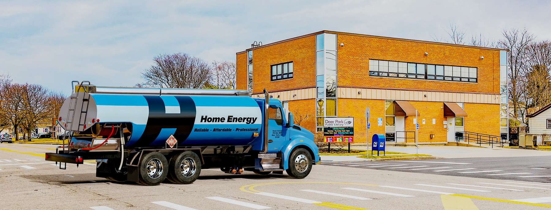 Jennings & Jennings Fuel Oil Heating Oil Truck  Jennings & Jennings Fuel Oil residential home heating oil truck in front of the entrance portico in Bethpage, Long Island, New York delivering fuel oil.