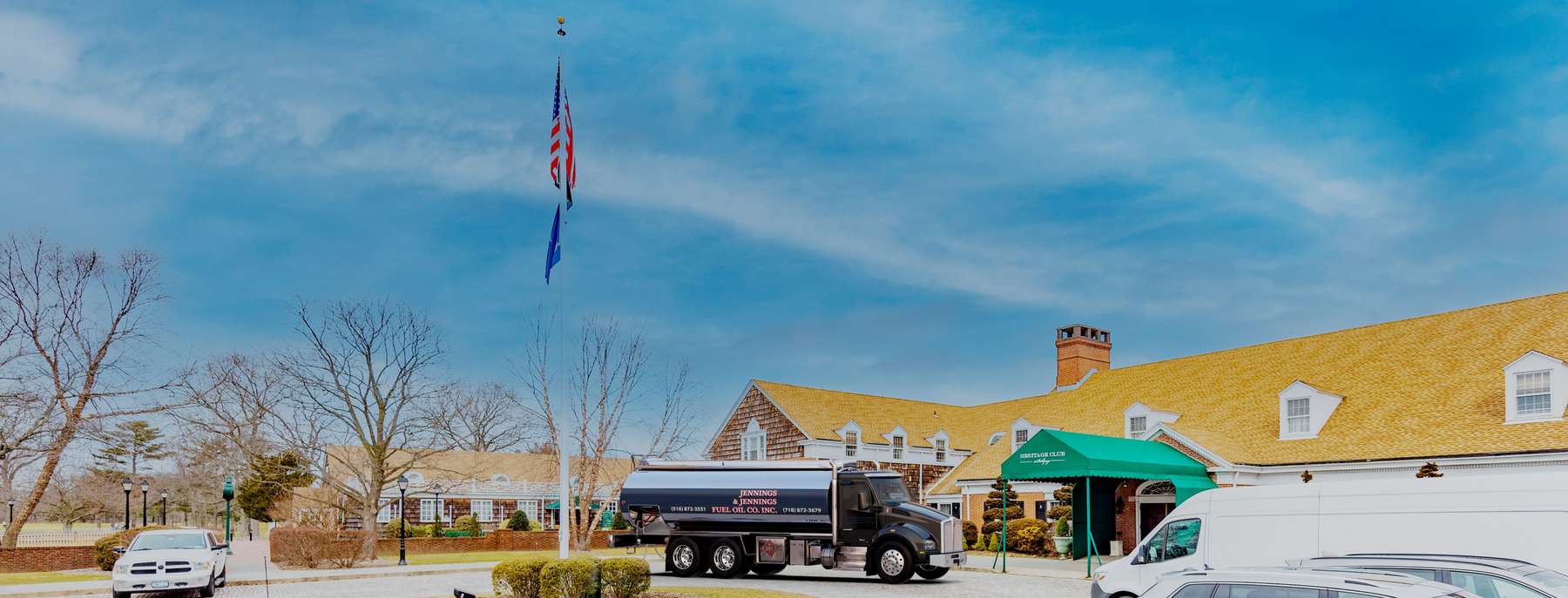 Jennings & Jennings Fuel Oil Heating Oil Truck Jennings & Jennings Fuel Oil residential home heating oil truck in front of the entrance portico in Bethpage, Long Island, New York delivering fuel oil.