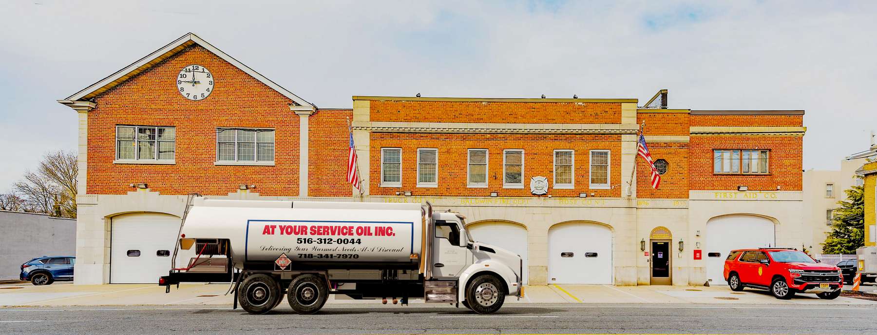 Ben Oil Heating Oil Truck Ben Oil residential home heating oil truck in a recreational area with bike racks and snow plows in Lindenhurst, Long Island, New York delivering fuel oil.