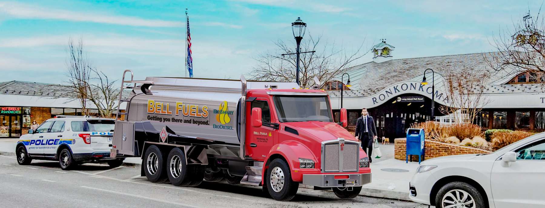 Baylor Fuel Oil Heating Oil Truck Baylor Fuel Oil residential home heating oil truck with a sign demarking the town border in Baldwin, Long Island, New York delivering fuel oil.